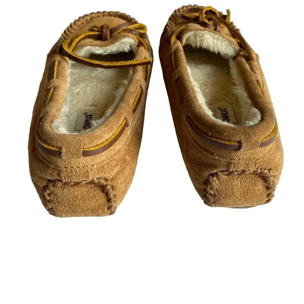 Minnetonka Unisex Kid Size 1 Brown Genuine Leather‎ Faux Fur Moccasins Loafers